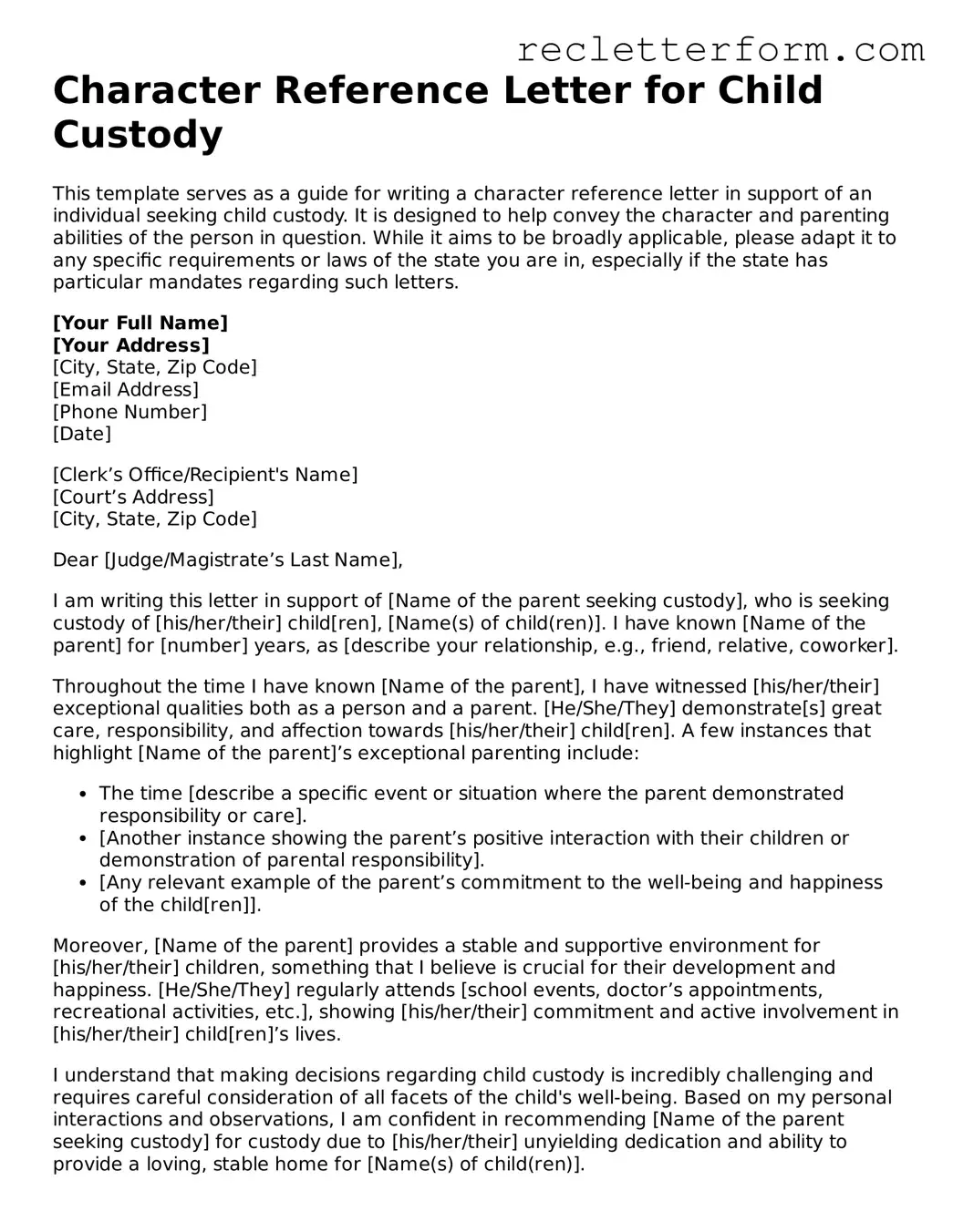 Official Character Reference Letter for Child Custody Document