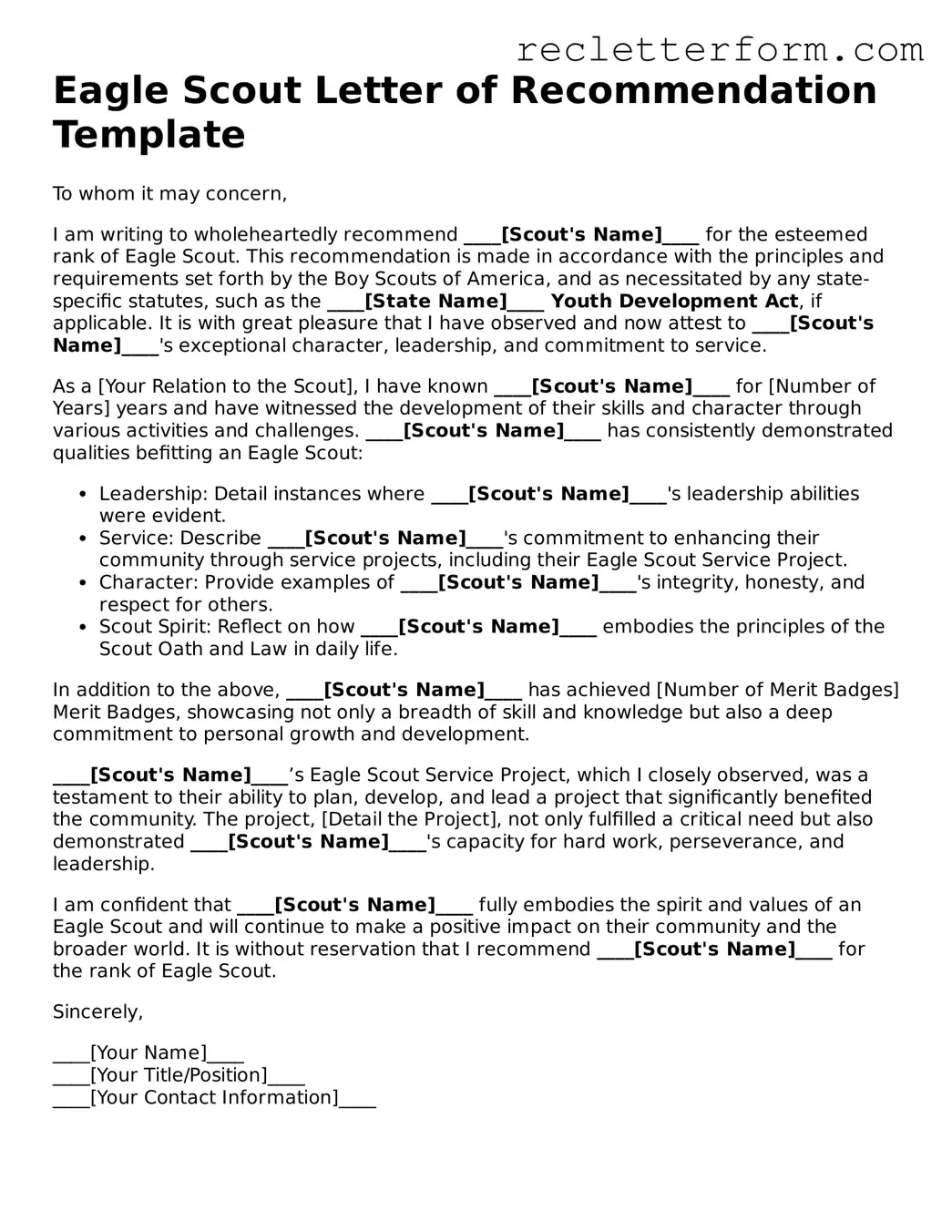 Official Eagle Scout Letter of Recommendation Document