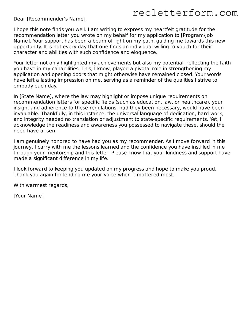 Official Thank You Note for a Letter of Recommendation Document