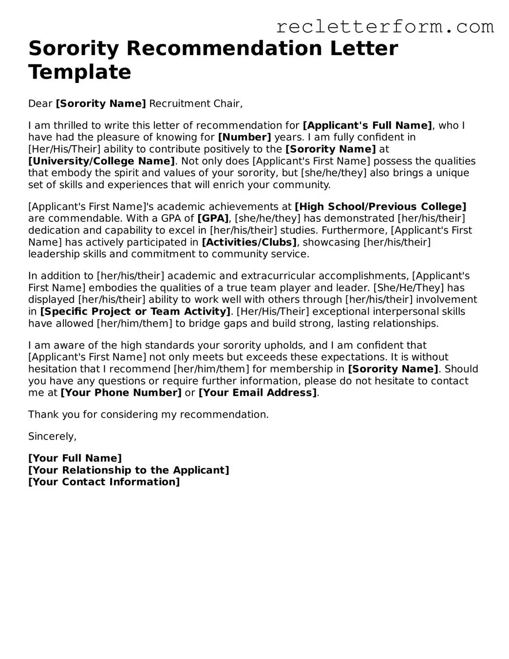 Official Sorority Recommendation Letter Document