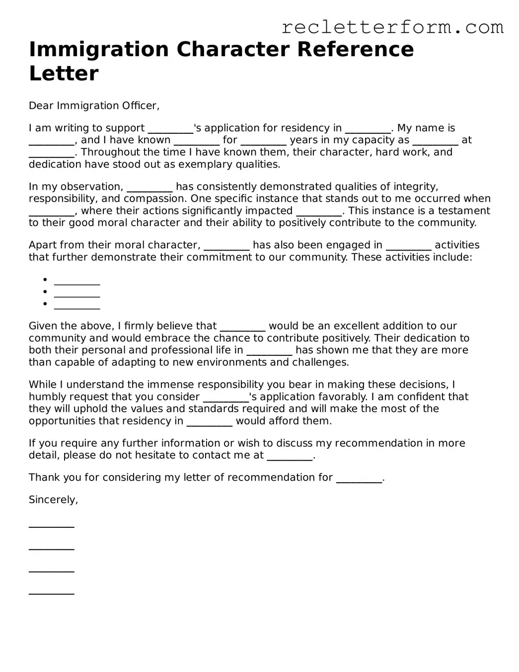 Official Character Reference Letter for Immigration Document
