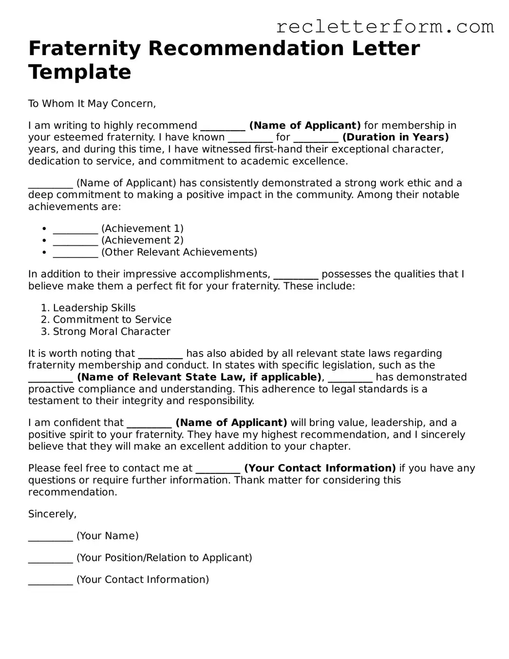 Official Fraternity Recommendation Letter Document