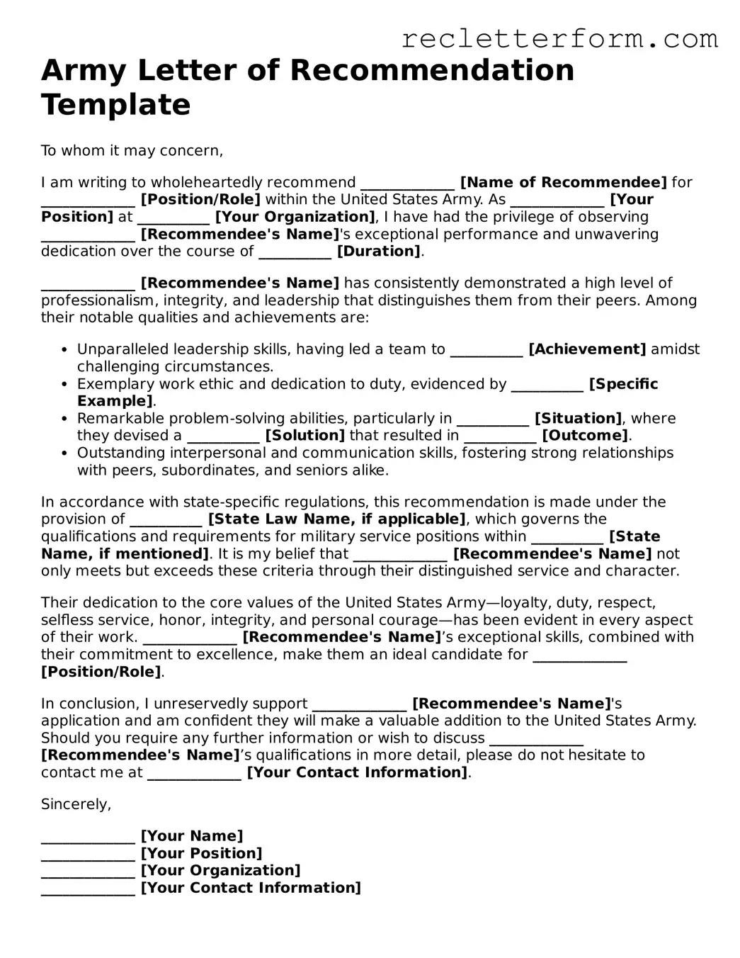 Official Army Letter of Recommendation Document