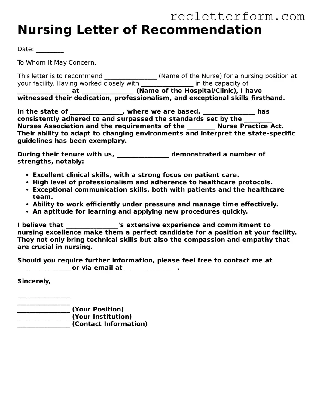 Official Nursing Letter of Recommendation Document