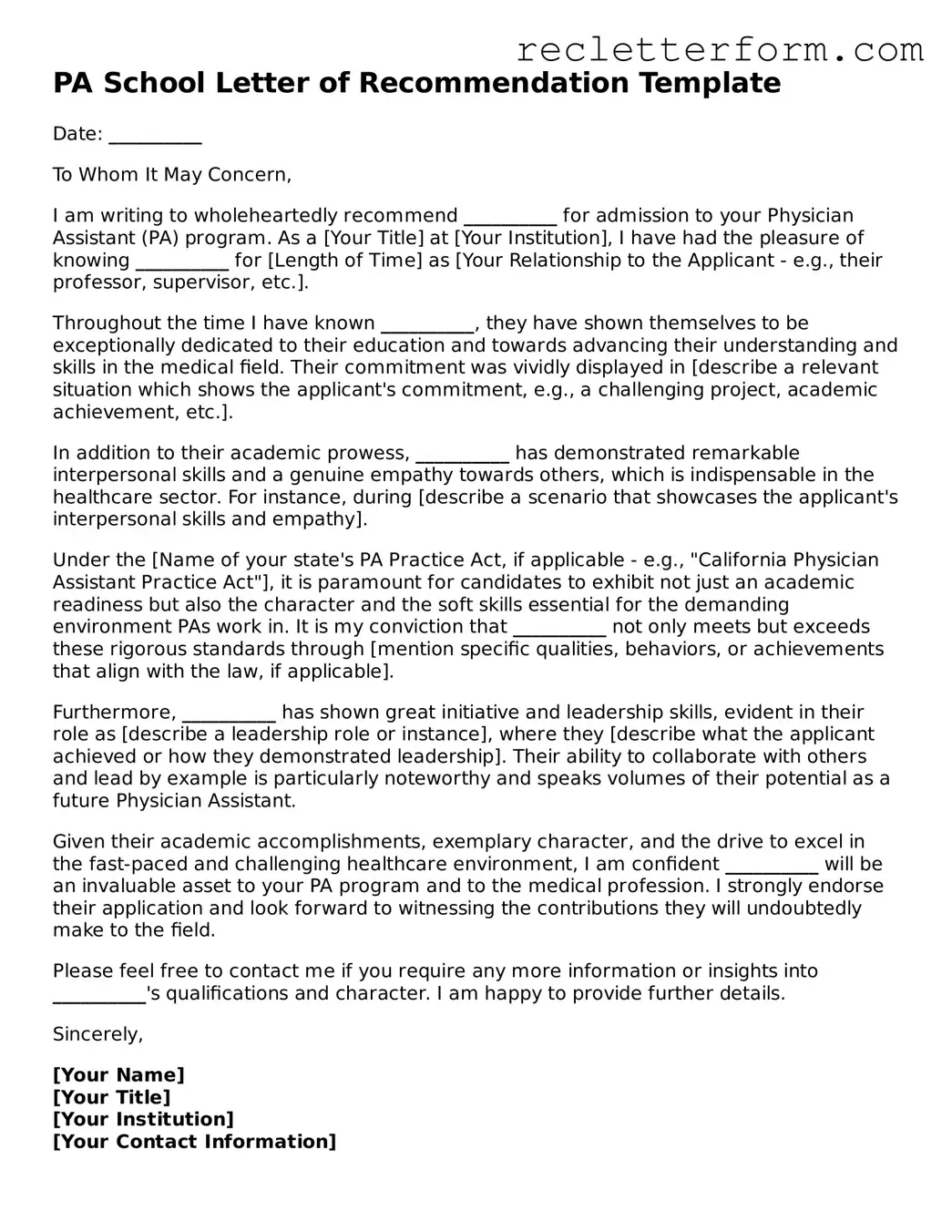 Official PA School Letter of Recommendation Document