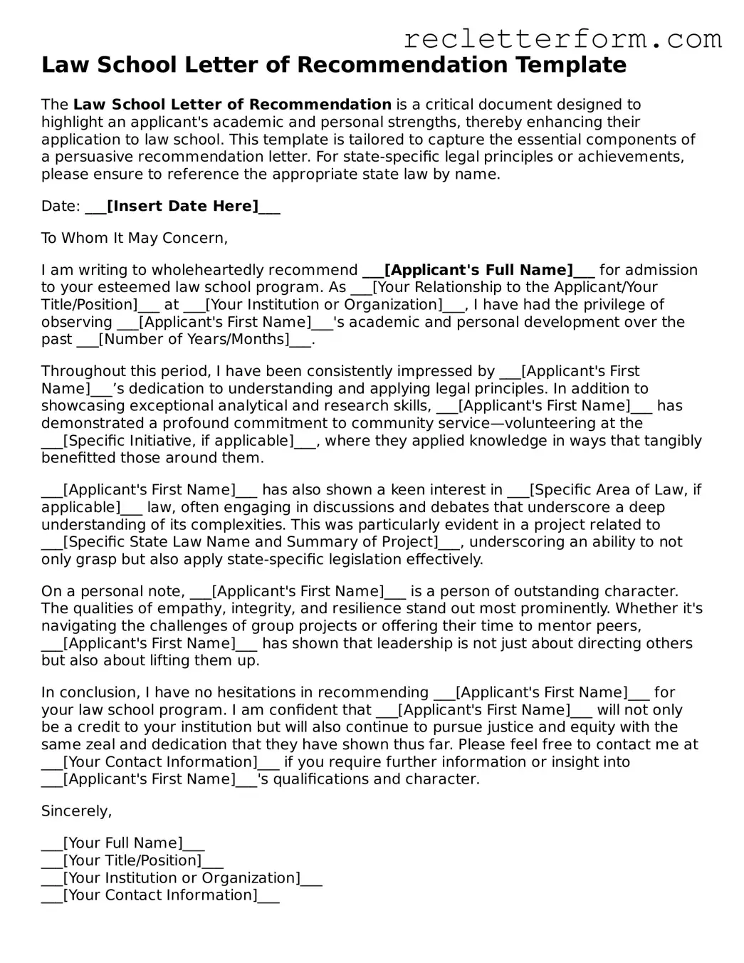 Official Law School Letter of Recommendation Document