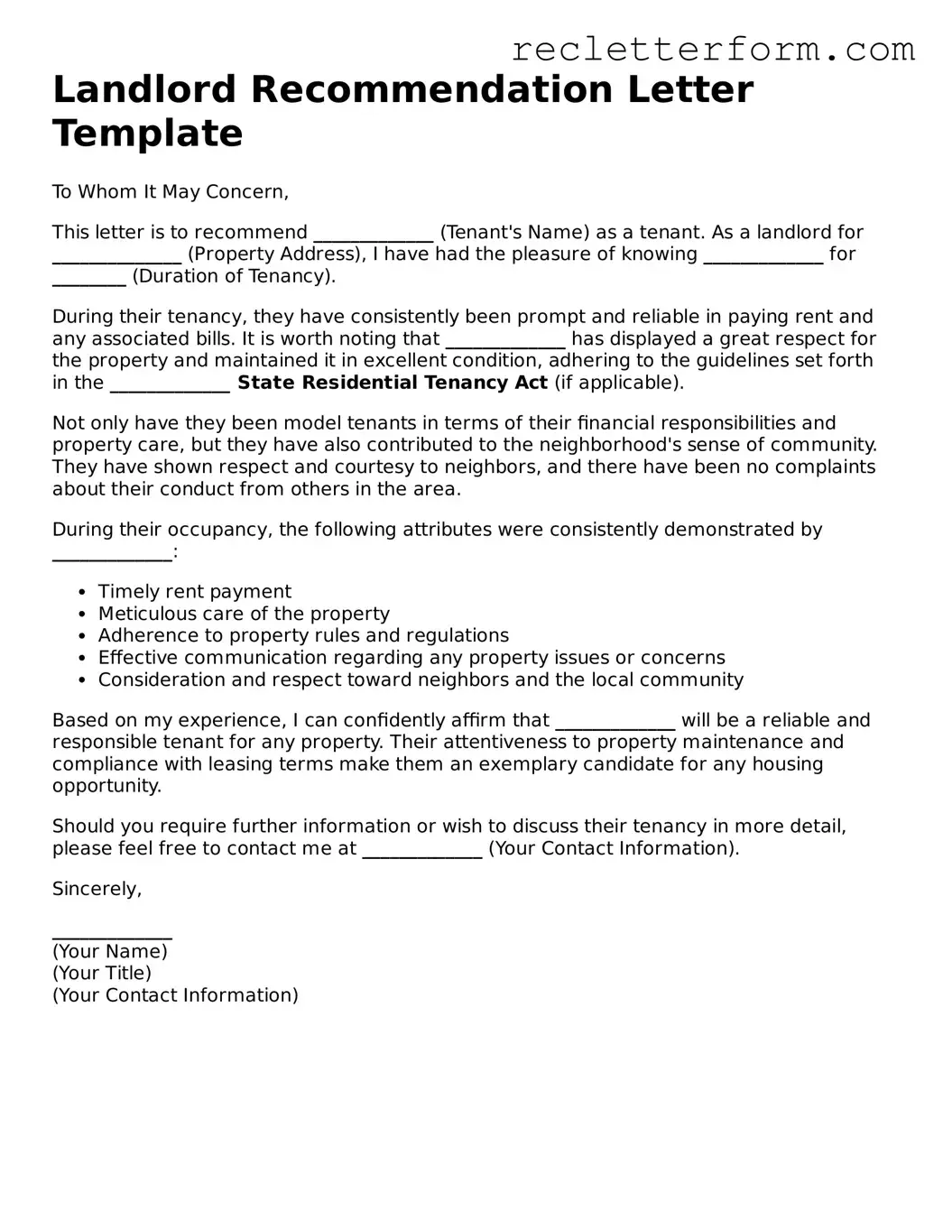 Official Landlord Recommendation Letter Document