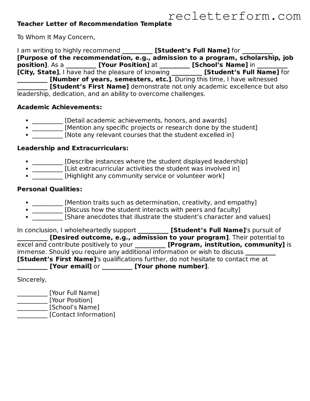 Official Teacher Letter Recommendation Document